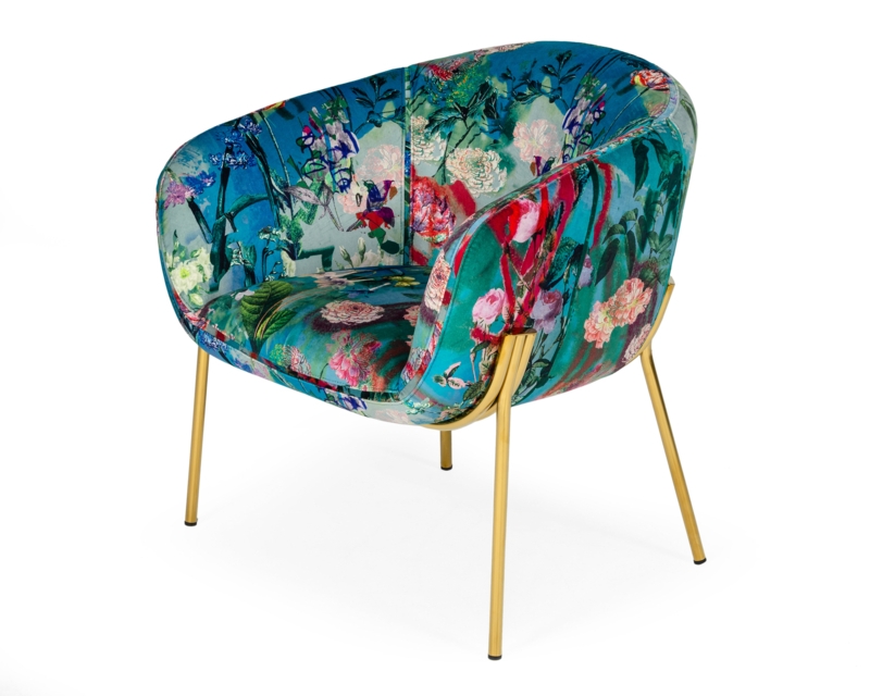 Velvet Barrel Chair with Botanical Pattern