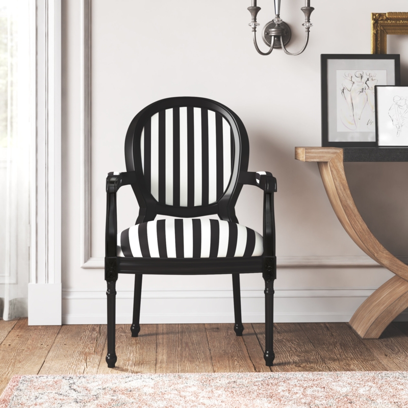 Black-and-White Striped Armchair with Carved Accents