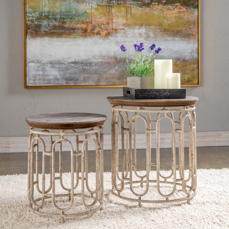 Weathered Wood and Metal 2-Piece End Table Set
