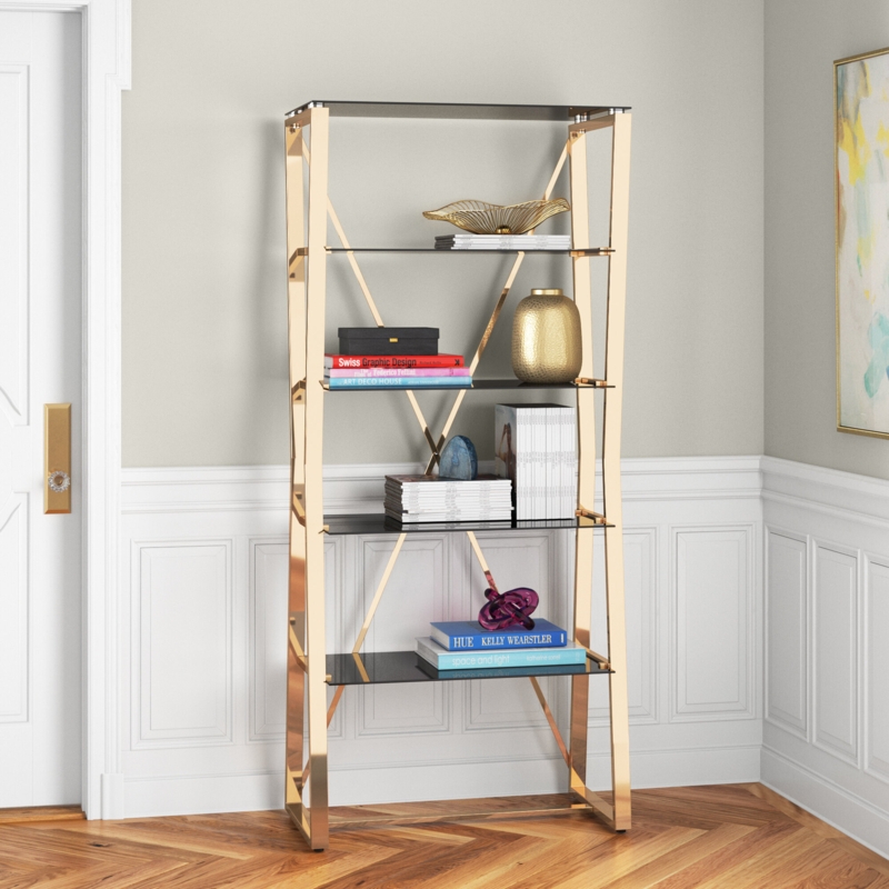 70" Tall Hourglass Etagere Bookcase with Glass Shelves