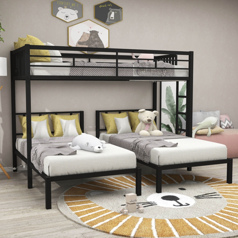Sturdy Metal Bunk Bed with Three Twin Beds