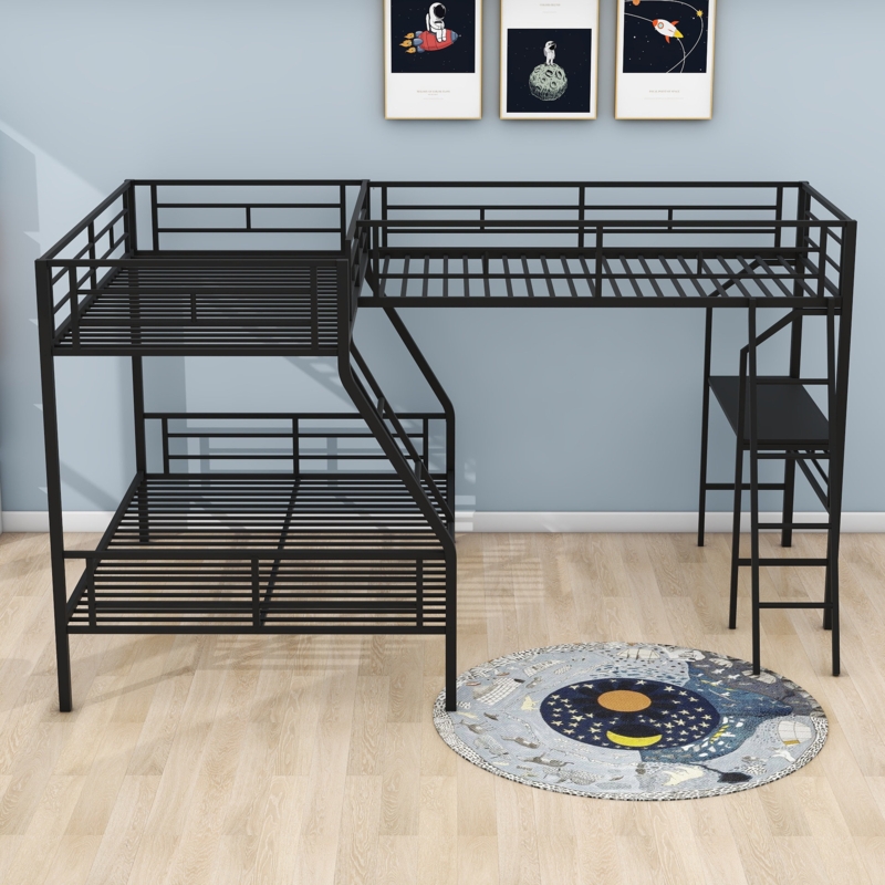 Metal Bunk Bed with Twin Upper Beds and Built-in Desk