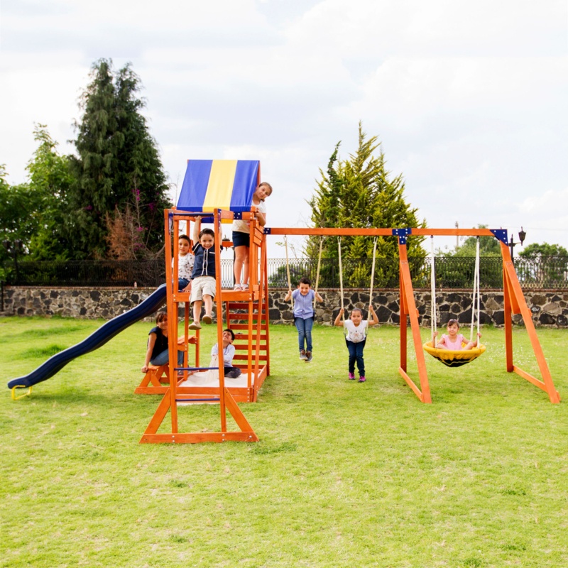 Sportspower Grand Mesa Wooden Swing Set with Lifetime Warranty on 8' Double Wall Slide