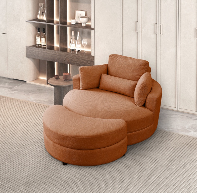 129.03Cm Wide Linen Swivel Barrel Chair and Ottoman