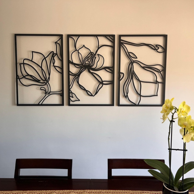 3 Piece Metal Floral Line Art Wall Décor Set
