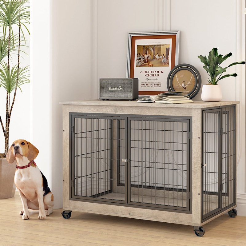 38.5"W Dog Crate Furniture, Wood Dog Crate Table, Dog Kennel With Doors, Flip-Up Top Opening And Wheels, Decorative Pet Crate Dog House