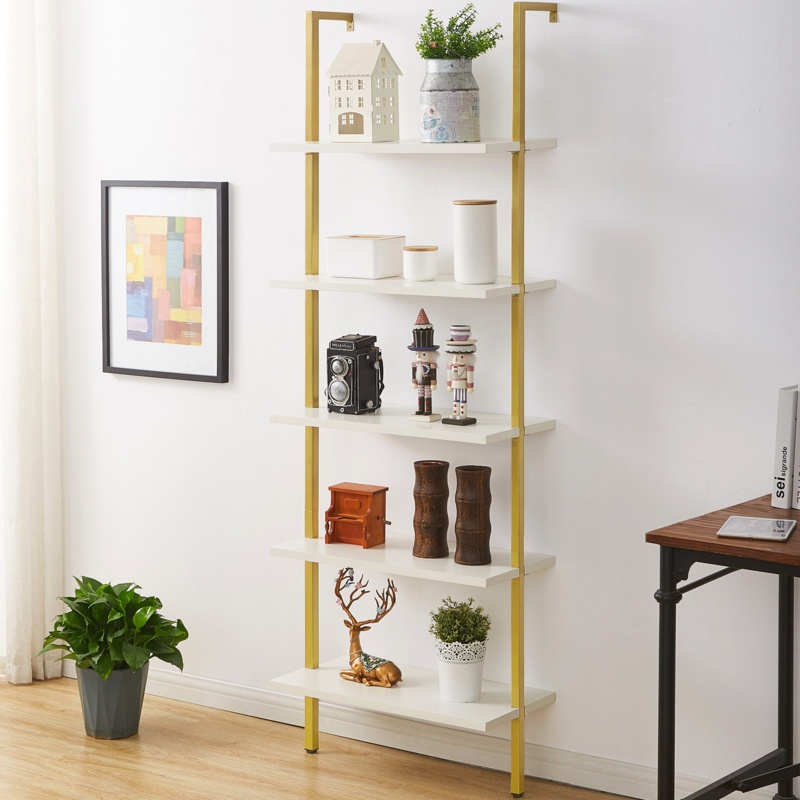 5-Tier Open Wall Mounted Modern Ladder Bookcase Bookshelf Storage Rack with Stable Metal Frame, Stand for Home Office