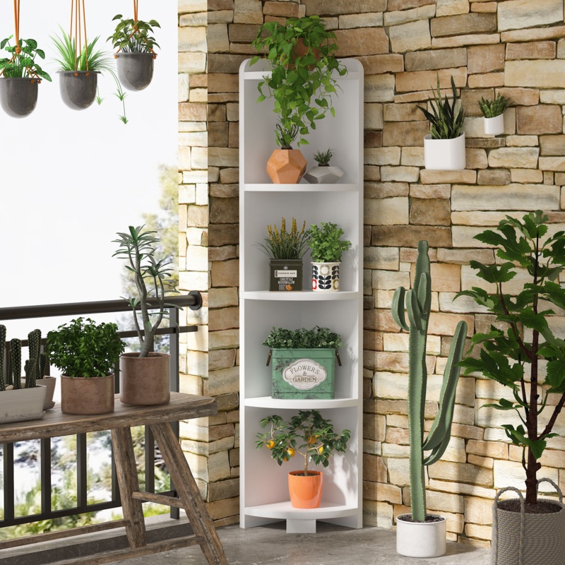 5 Tier Wood Wall Corner Bookshelf With Anti-slip Pad