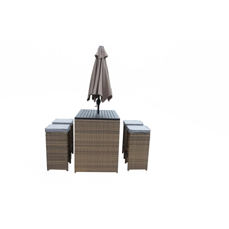 6 Piece Wicker Rattan Outdoor Bar Set With Umbrella In Tan Rattan Beige Cushion