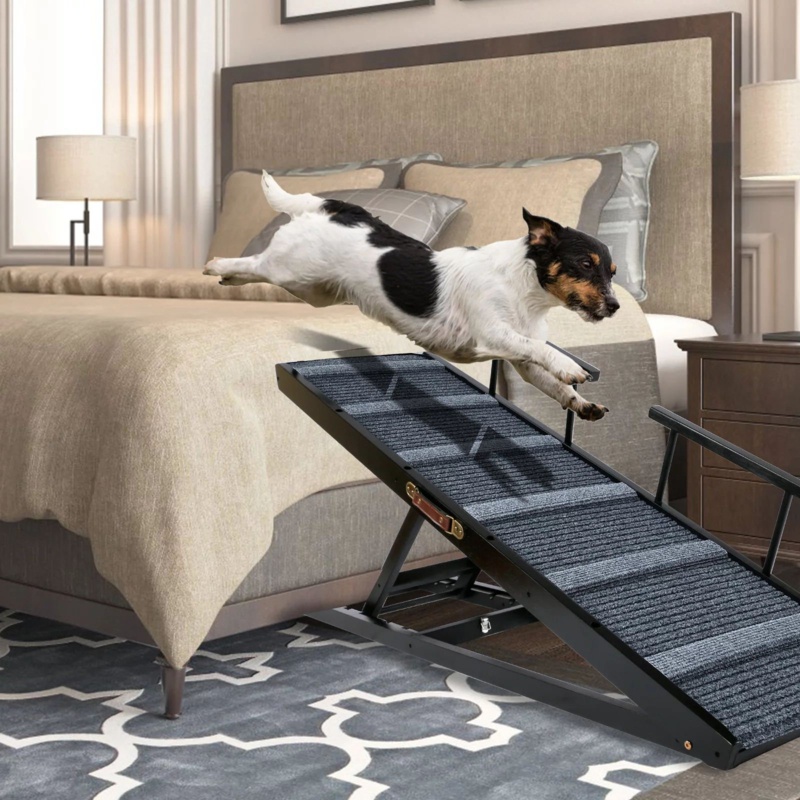 Almeric Folding Wooden Pet Ramp for Dogs and Cats, Dog Ramp for High Beds, Non-Slip Carpet Surface
