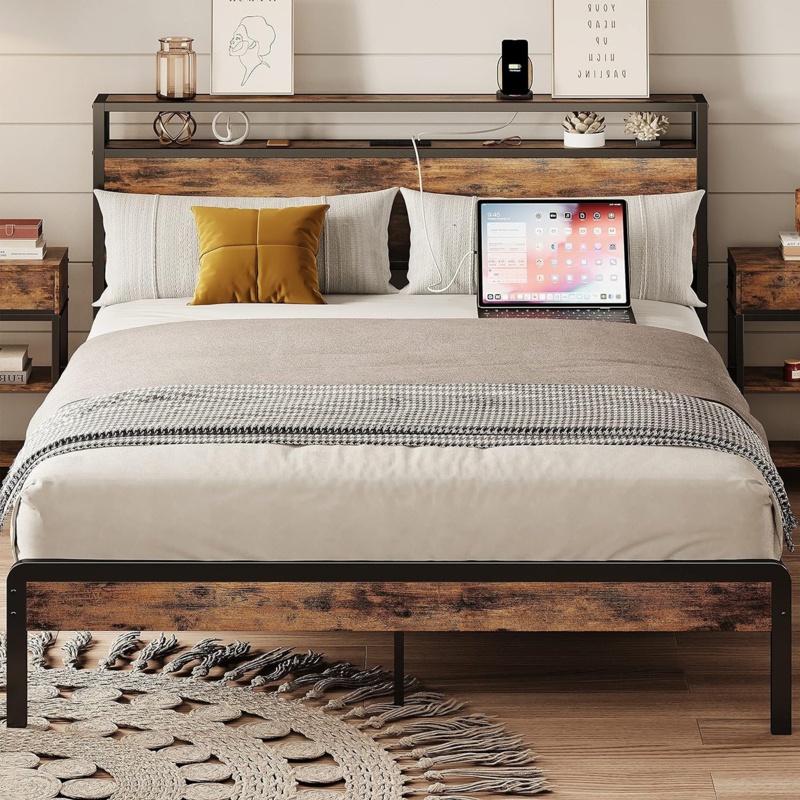 Bed Frame with 2-Tier Storage Headboard and Power Outlets