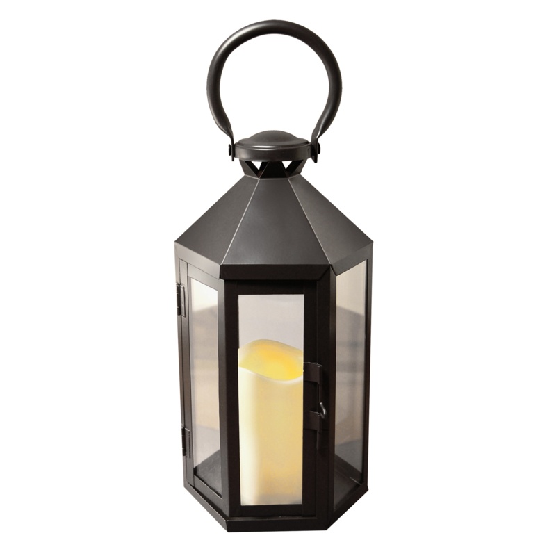 Black Hexagon Metal Lantern with Battery-Operated Candle