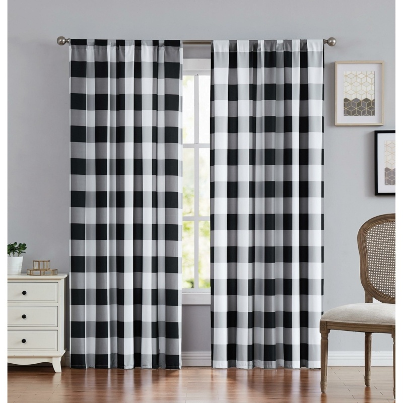 Buffalo Plaid Polyester Semi-Sheer Curtain Pair