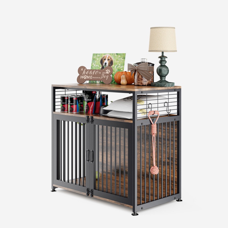 Charne Dog Crate Furniture, Metal Kennels with Double Doors, Pet Kennel End Table Indoor