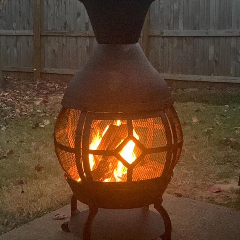 Chiminea Outdoor Fireplace With Cover & Stand Wood Burning Small Patio Fire Pit Metal Cast Iron Antique Bronze