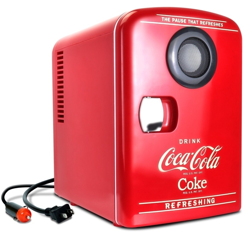 Coca-Cola 4.2 Qt. Mini Fridge, 6 Can Mini Cooler with Bluetooth Speaker