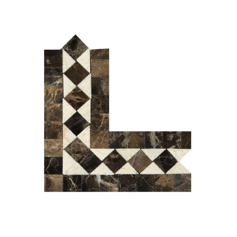 Crema Marfil Bias Border Corner with Emperador Dark Dots Marble Look Wall Border