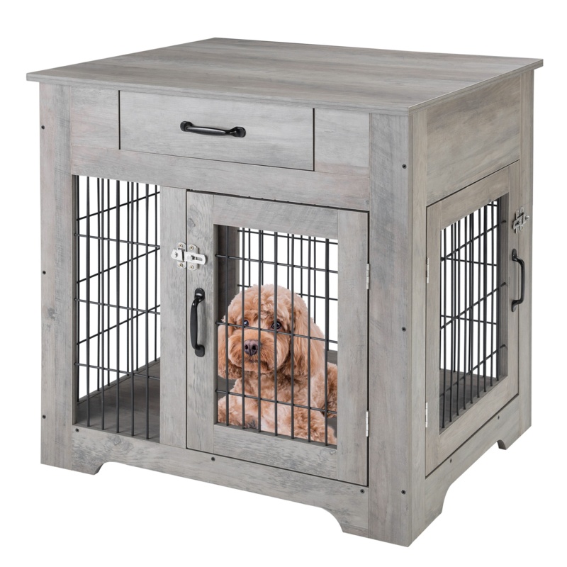 Dog Crates Furniture Wood Look Dog Kennel End Table With Drawer, Dog House Indoor Use, Chew-Proof, Casual Home Wooden Pet Crate, Indoor Pet Crate Side Table, Grey