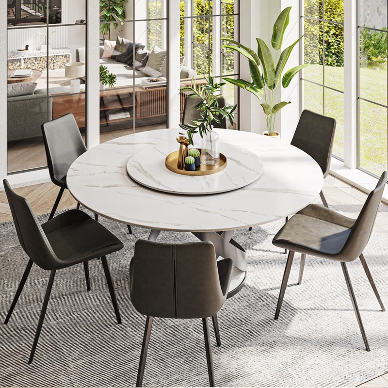 Dotsie Modern Round Dining Table for 6-8, Sintered Stone Tabletop with Lazy Susan, X Carbon Steel Base