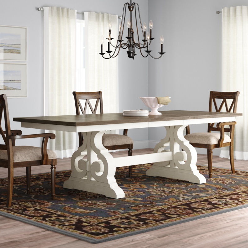 Drake 76-98" Wide Trestle Table, Rustic White & French Oak