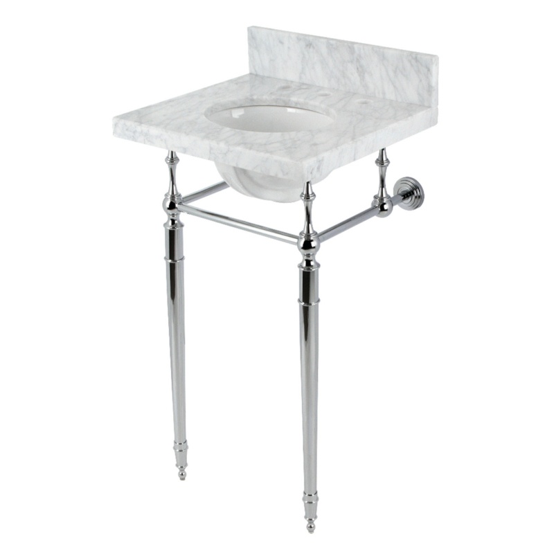 Edwardian Marble White/Polished Chrome Metal Oval Console Bathroom Sink with Overflow
