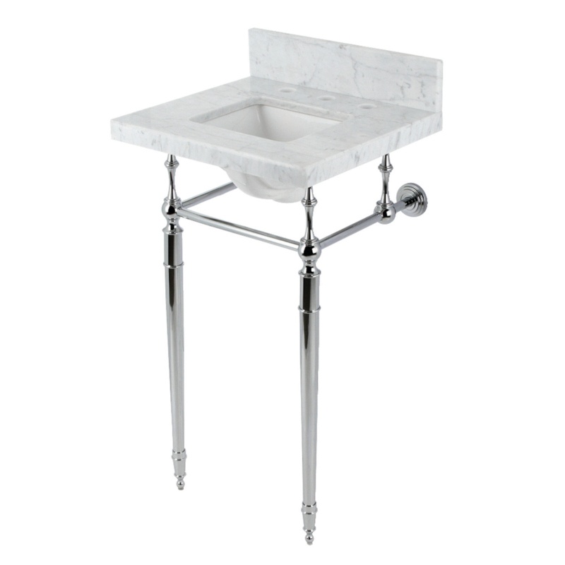 Edwardian Marble White/Polished Chrome Metal Rectangular Console Bathroom Sink with Overflow