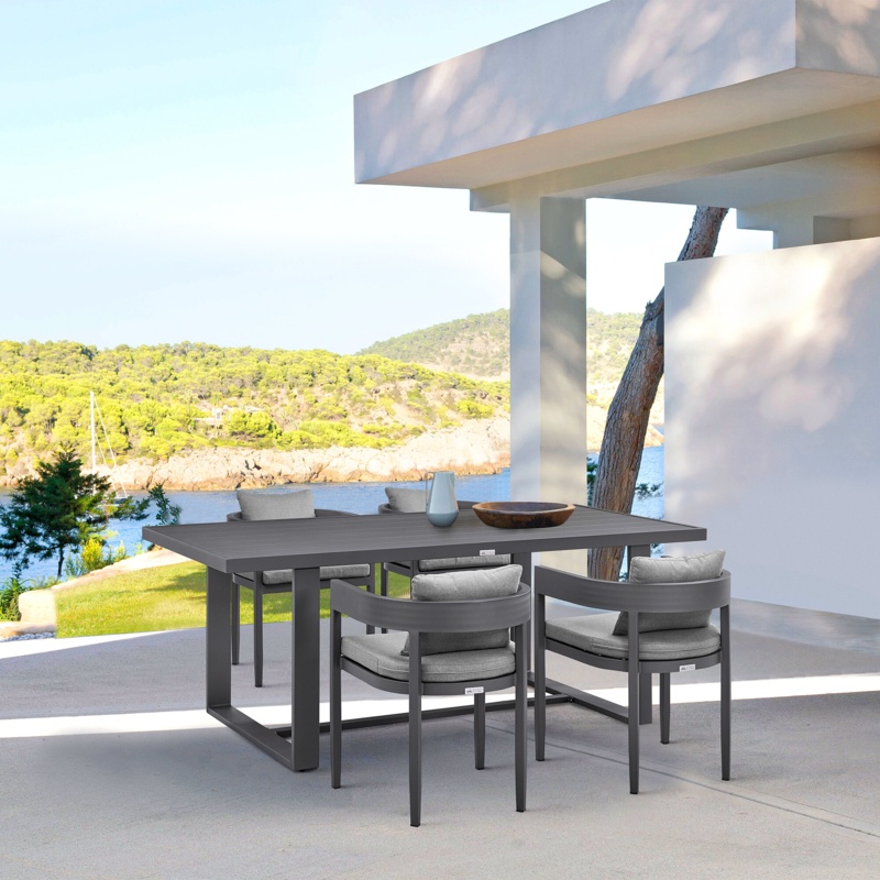 Elza Outdoor Patio 5-Piece Rectangular Dining Table Set In Aluminum With Gray Cushions