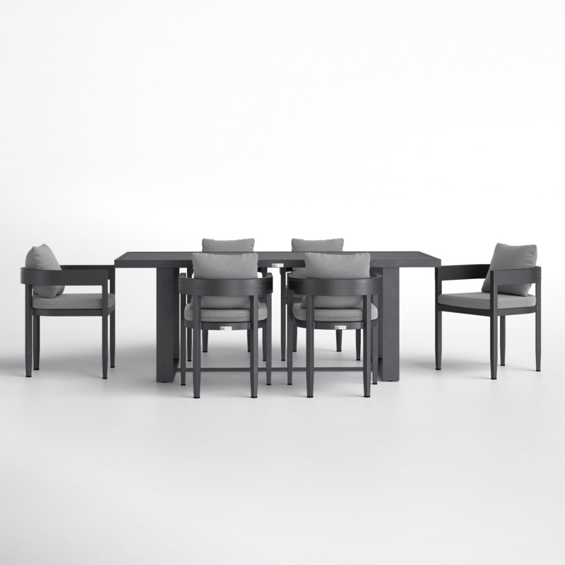 Elza Outdoor Patio 7-Piece Rectangular Dining Table Set In Aluminum With Gray Cushions