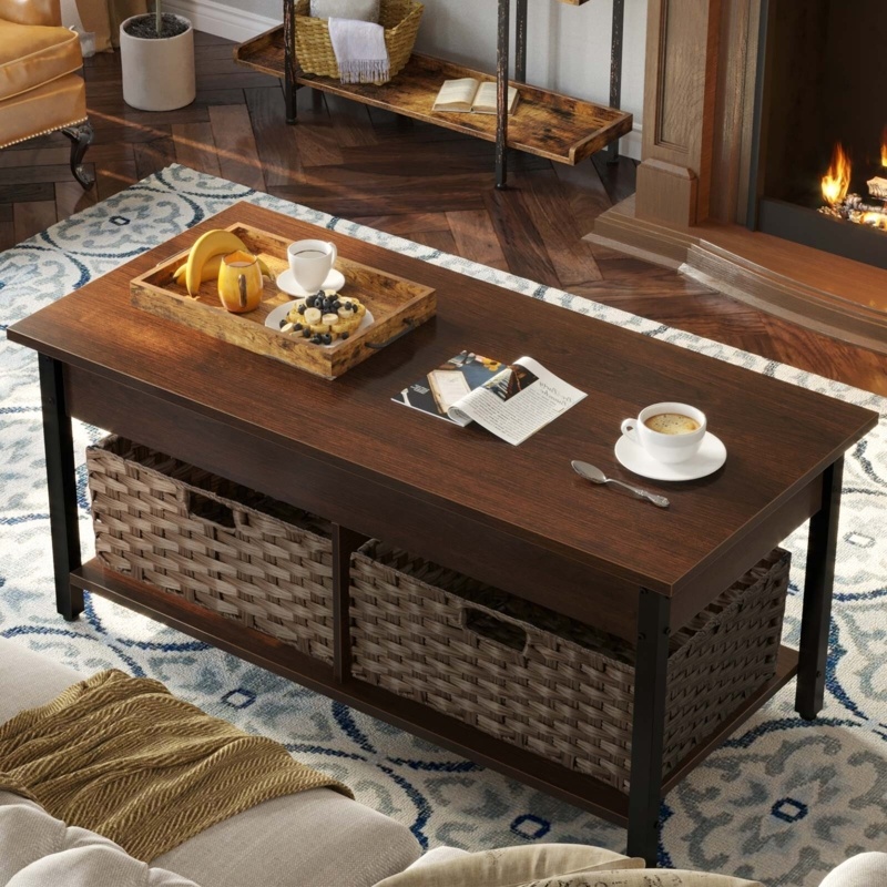 Eoghan 41.7" Lift Top Coffee Table with Hidden Storage Compartment and 2 Rattan Baskets