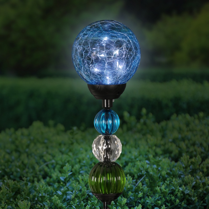 Exhart Solar Crackle Glass Ball Garden Stake with Six LED lights and Bead Details, 4 by 30 Inches