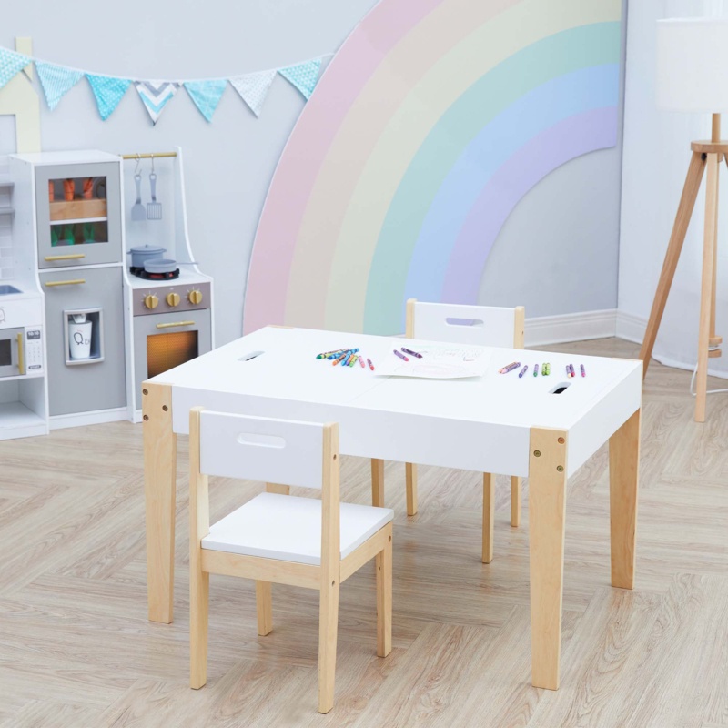 Fantasy Fields Wooden Table & Chairs Set, Natural Wood/White