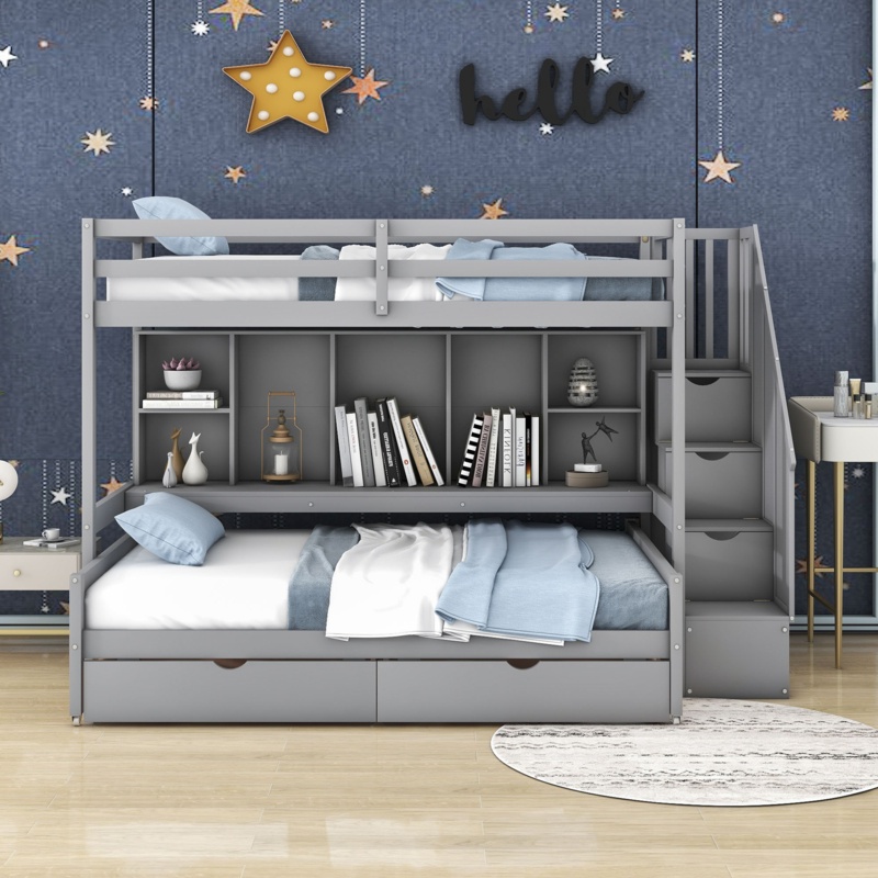 Feriz Kids Twin Extra Long Over Full Bunk Bed with Drawers