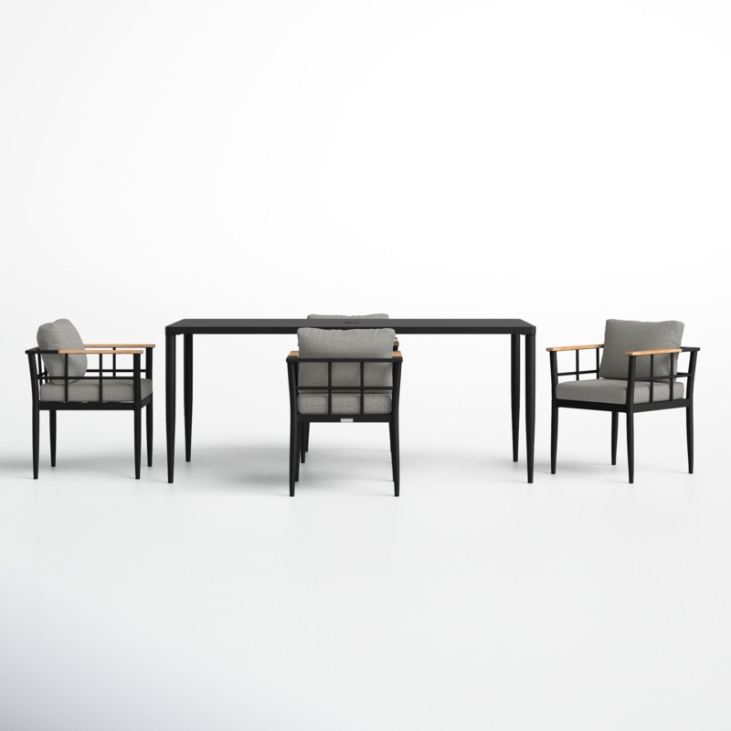 Florentine 5 Piece Outdoor Patio Dining Table Set in Aluminum and Teak with Gray Cushions