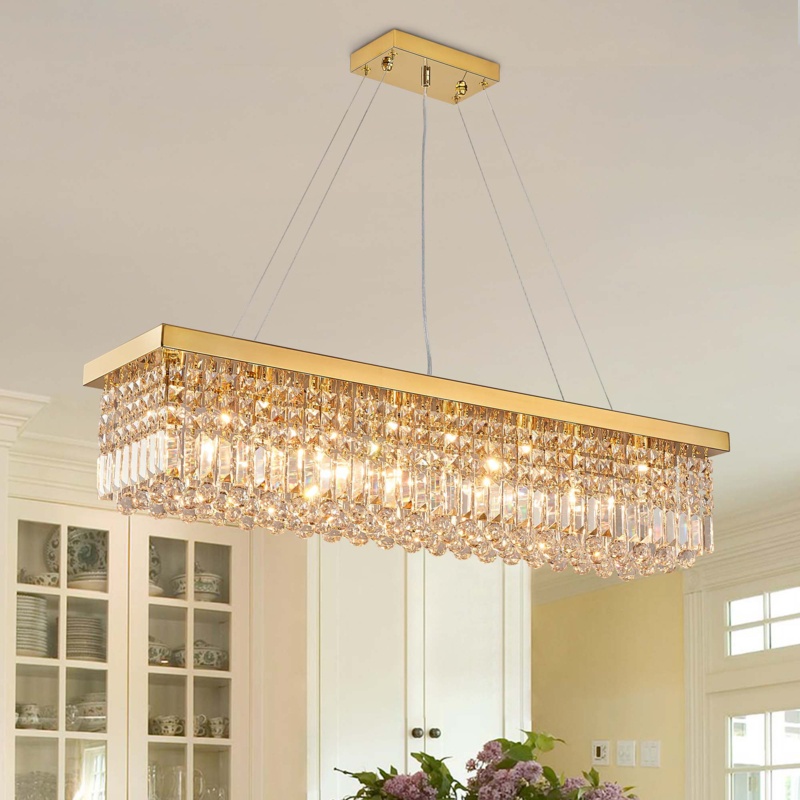 Frieson Modern Crystal Dimmable Kitchen Island Gold Rectangle Chandeliers / Living Room Chandelier