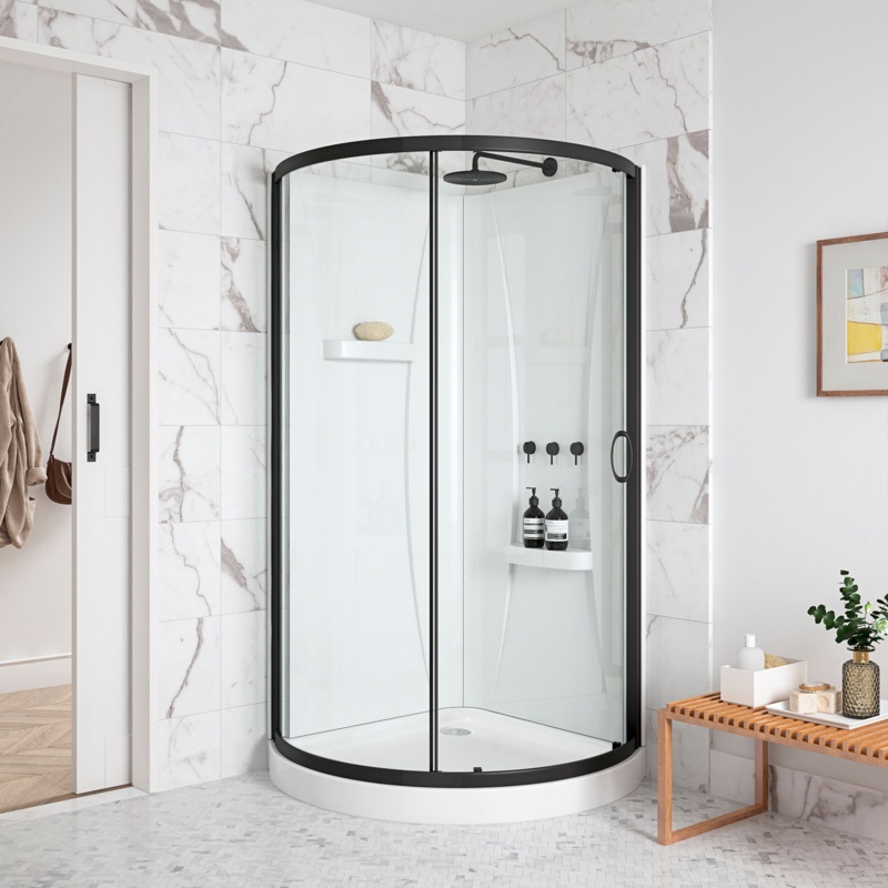 Harta Framed 32 in. Round Sliding Shower Kit with Clear Glass Panels, Walls and Base included