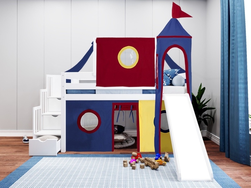 Johannes Twin 3 Drawer Solid Wood Low Loft Bed with Stairway Slide Tent and Tower