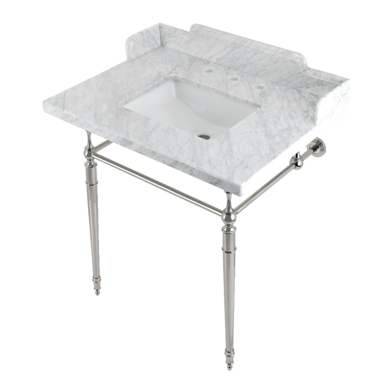 Kingston Brass LMS3022M8SQ6 Habsburg 30" Carrara Marble Console Sink With Brass Legs, Marble White/Polished Nickel