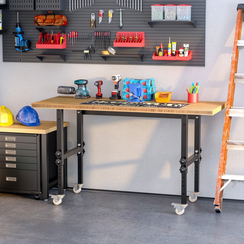 Mae Wood Top Height-Adjustable Workbench with Wheels
