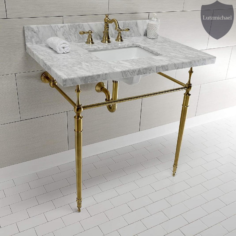 Menggutong Marble White/Brushed Brass Marble Rectangular Console Bathroom Sink