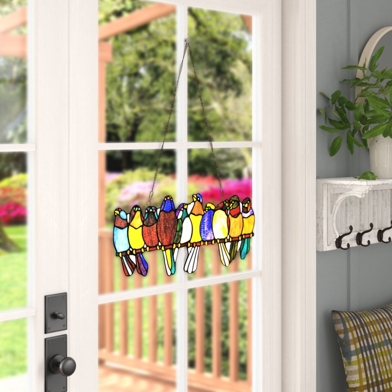 Multi-Colored Stained Glass Birds on a Wire Window Panel