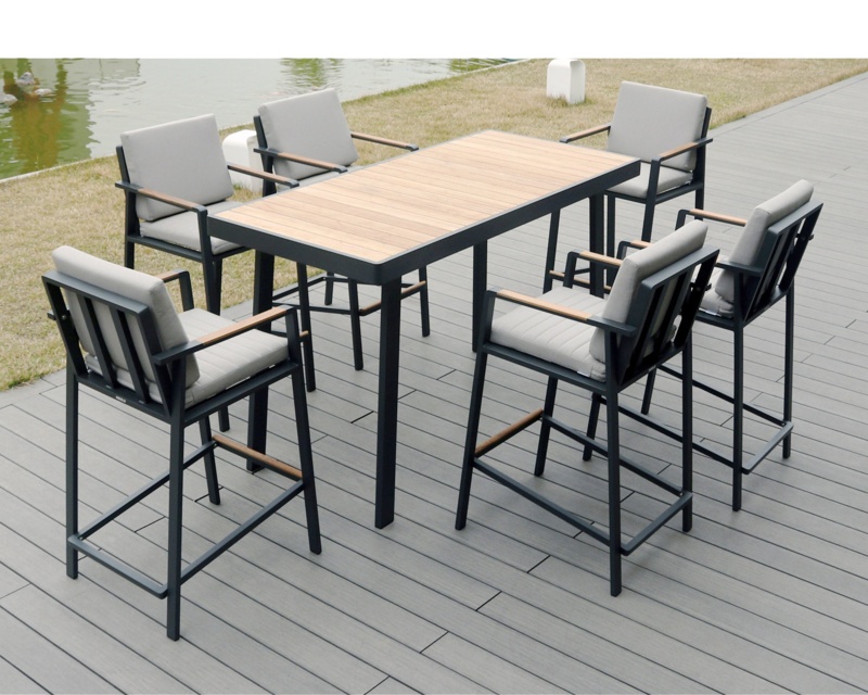 Nofi Patio Dining Bar Set with Stools, Aluminum 6-Person Pub Dining Table Set with Cushions
