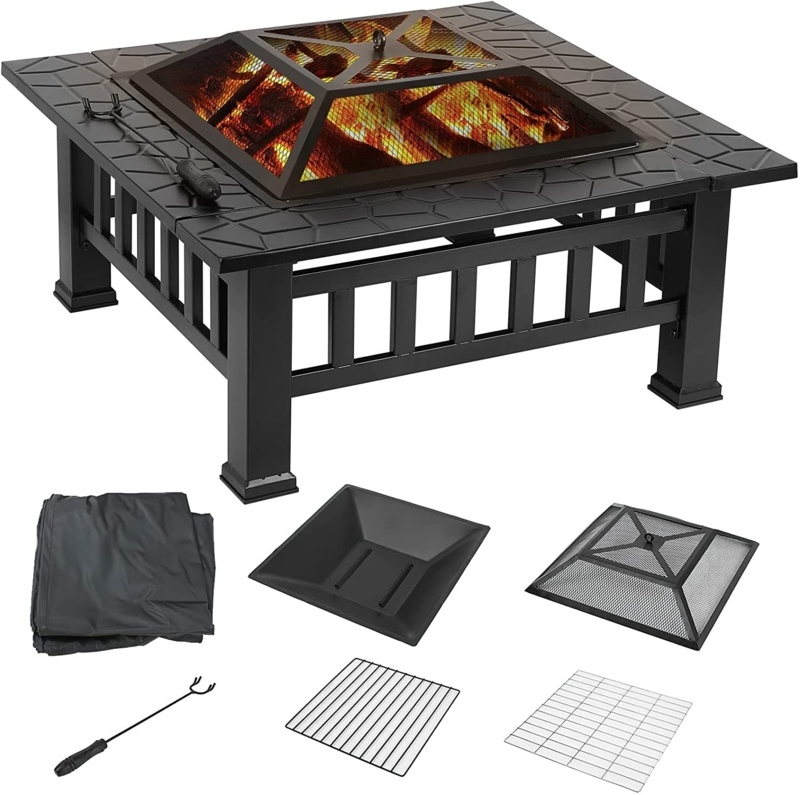 Red Barrel Studio® 32'''' Steel Fire Pit, Metal Bonfire Square Firepit, Patio Outdoor Wood Burning Fireplace, Bbq Grill Fire Bowl W/ Spark Screen, Log Grill Grate, Poker, 600D Cloth Cover, For Camping, Garden