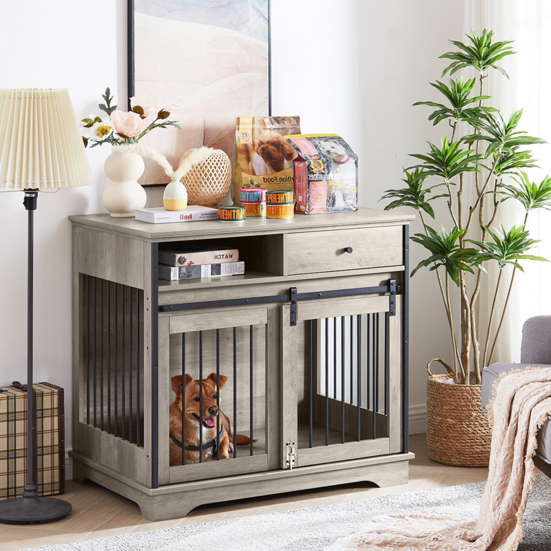 Rustic Grey Furniture Style Dog Crate Dog Cage Kennel Barn Door W/ Drawer Open Shelf