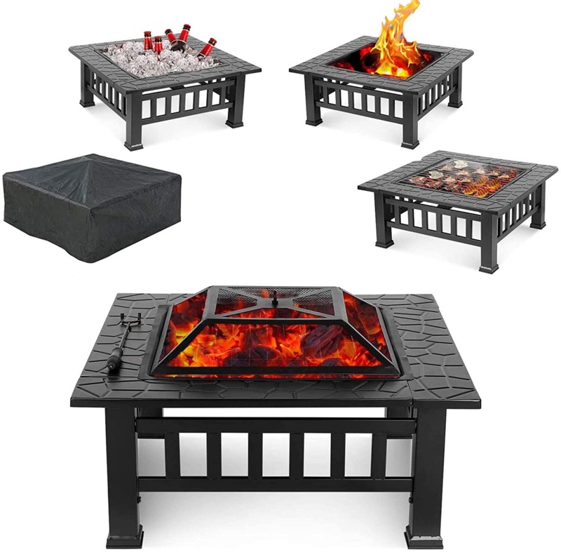 Spencir 32" Outdoor Fire Pit Table With Grill, Wood Burning Fireplace Bowl
