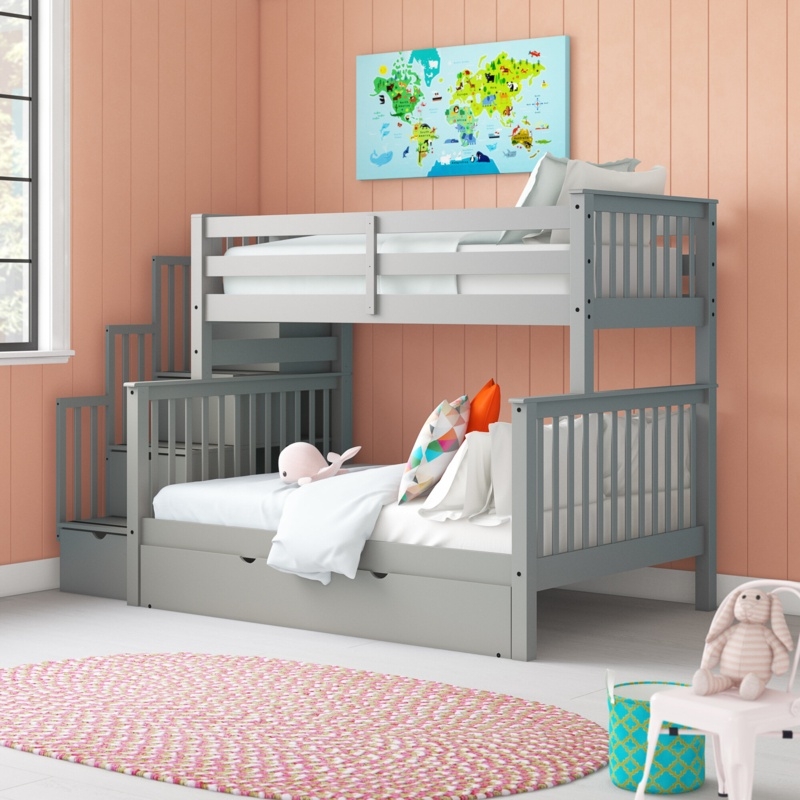 Tena Twin Over Full 4 Drawer Solid Wood Standard Bunk Beds with Stairway & Trundle