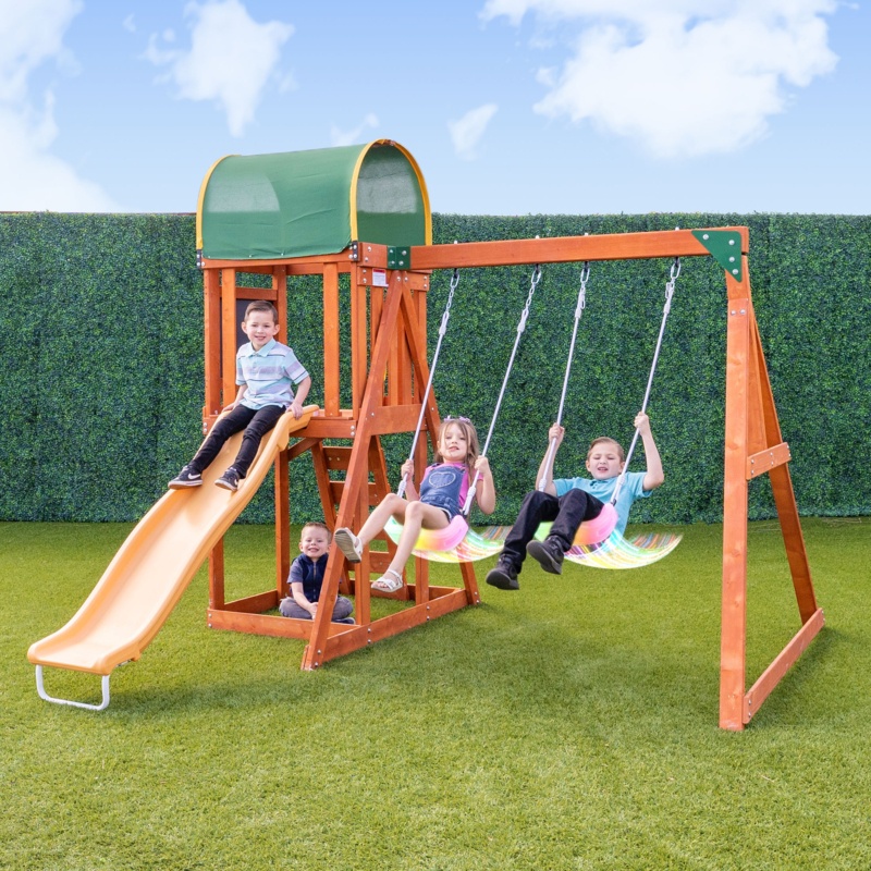 The Swing Company North Star Wooden Swing Set with Slide and LED Light up Swing Seats