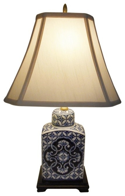 22" Blue and White Porcelain Tea Jar Table Lamp, Plug-in