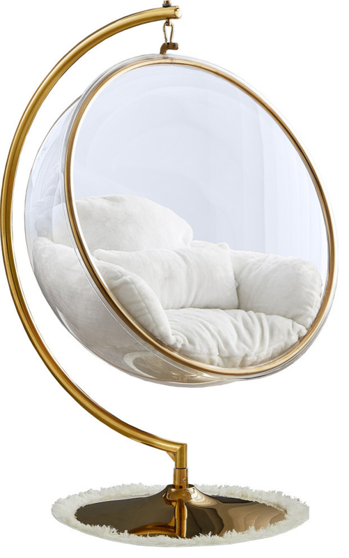 Luna Metal Acrylic Swing Bubble Accent Chair With Stand, White, Faux Fur