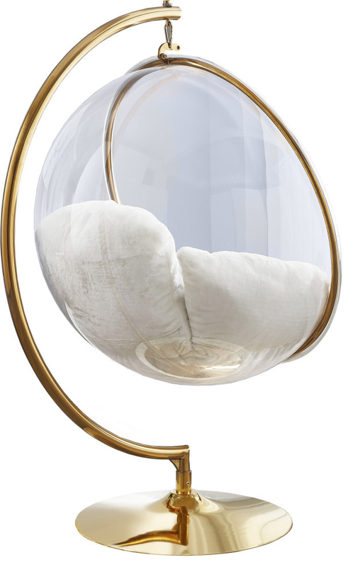 Luna Metal Acrylic Swing Bubble Accent Chair With Stand, White, Faux Fur