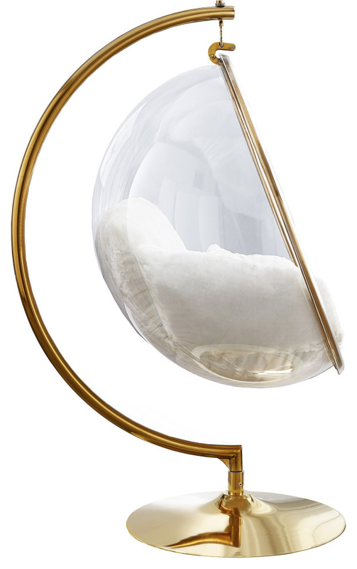 Luna Metal Acrylic Swing Bubble Accent Chair With Stand, White, Faux Fur